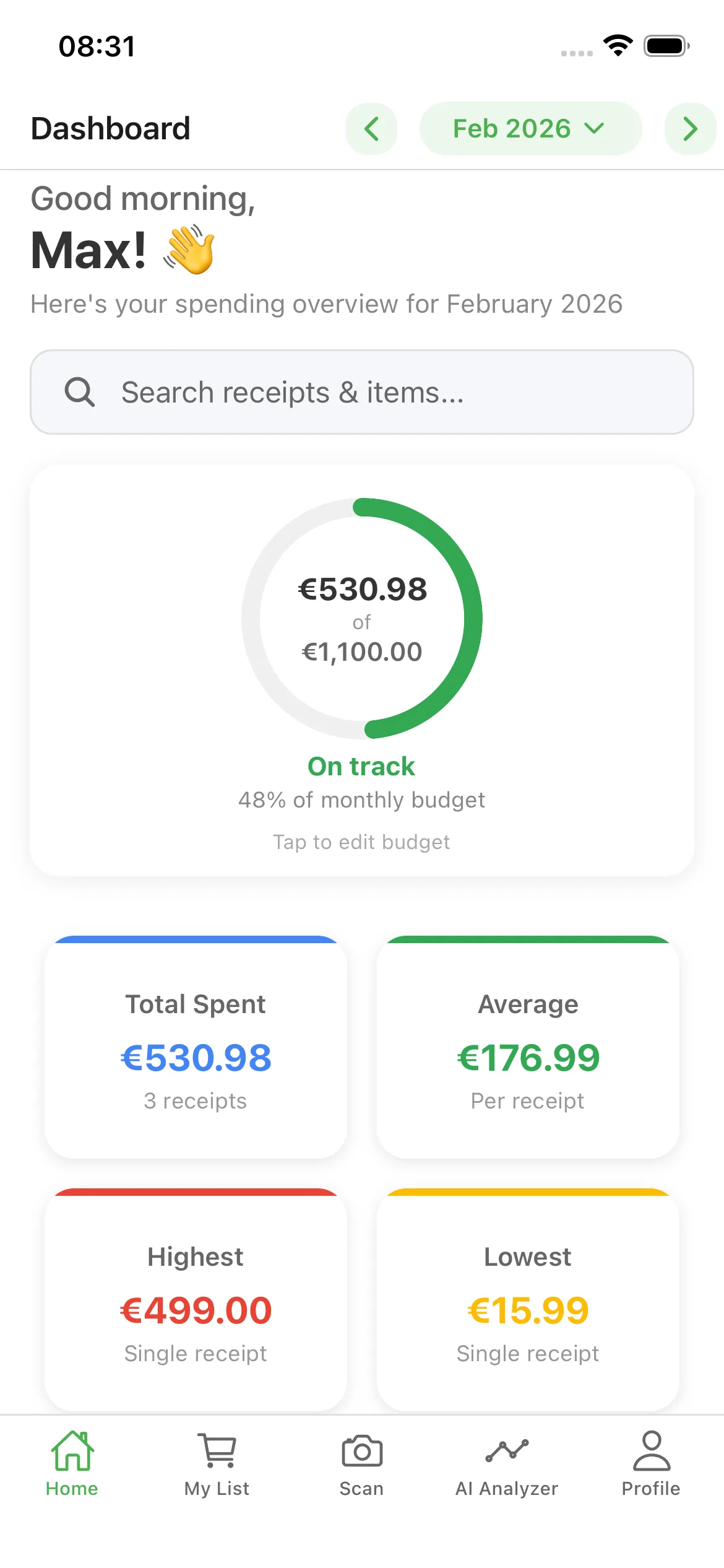 Budget progress home screen
